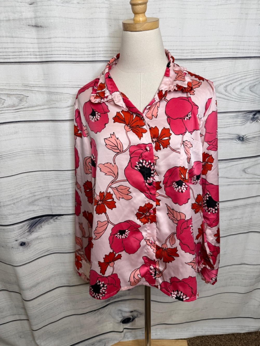 kate spade Pink and Red Floral Satin Button-Up Blouse